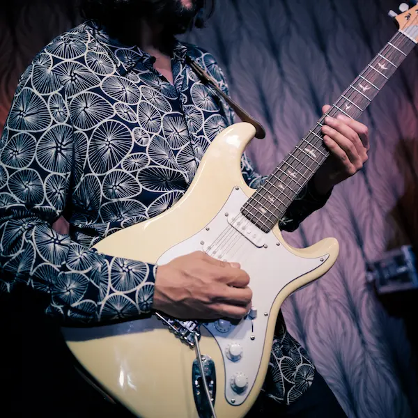 Guitarrista tocando la guitarra eléctrica durante un concierto de Blues After All.